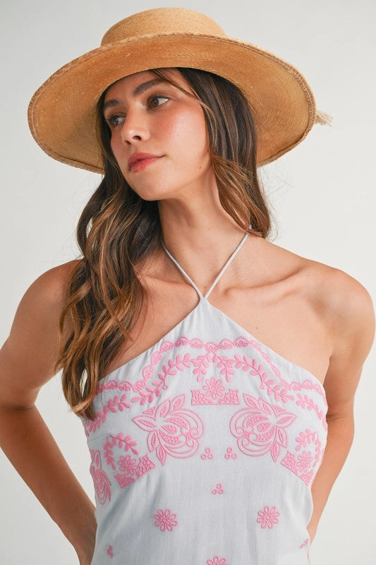 Paritza Embroidered Halter Mini Dress