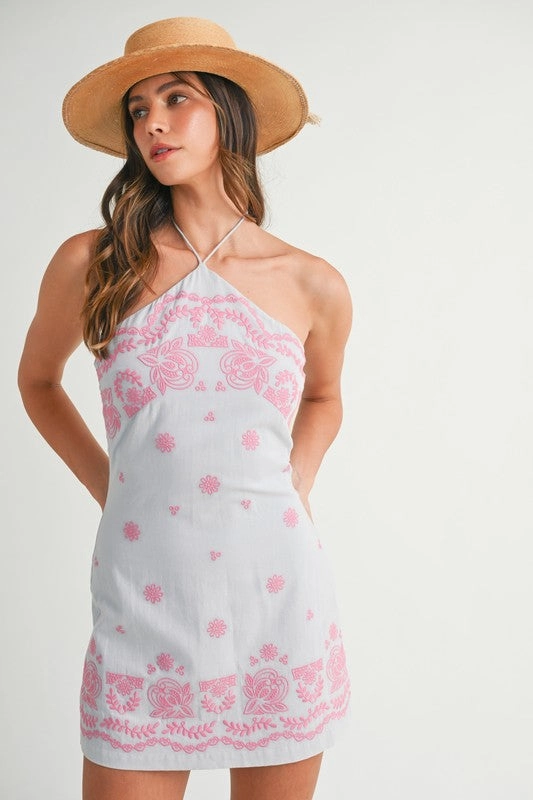 Paritza Embroidered Halter Mini Dress
