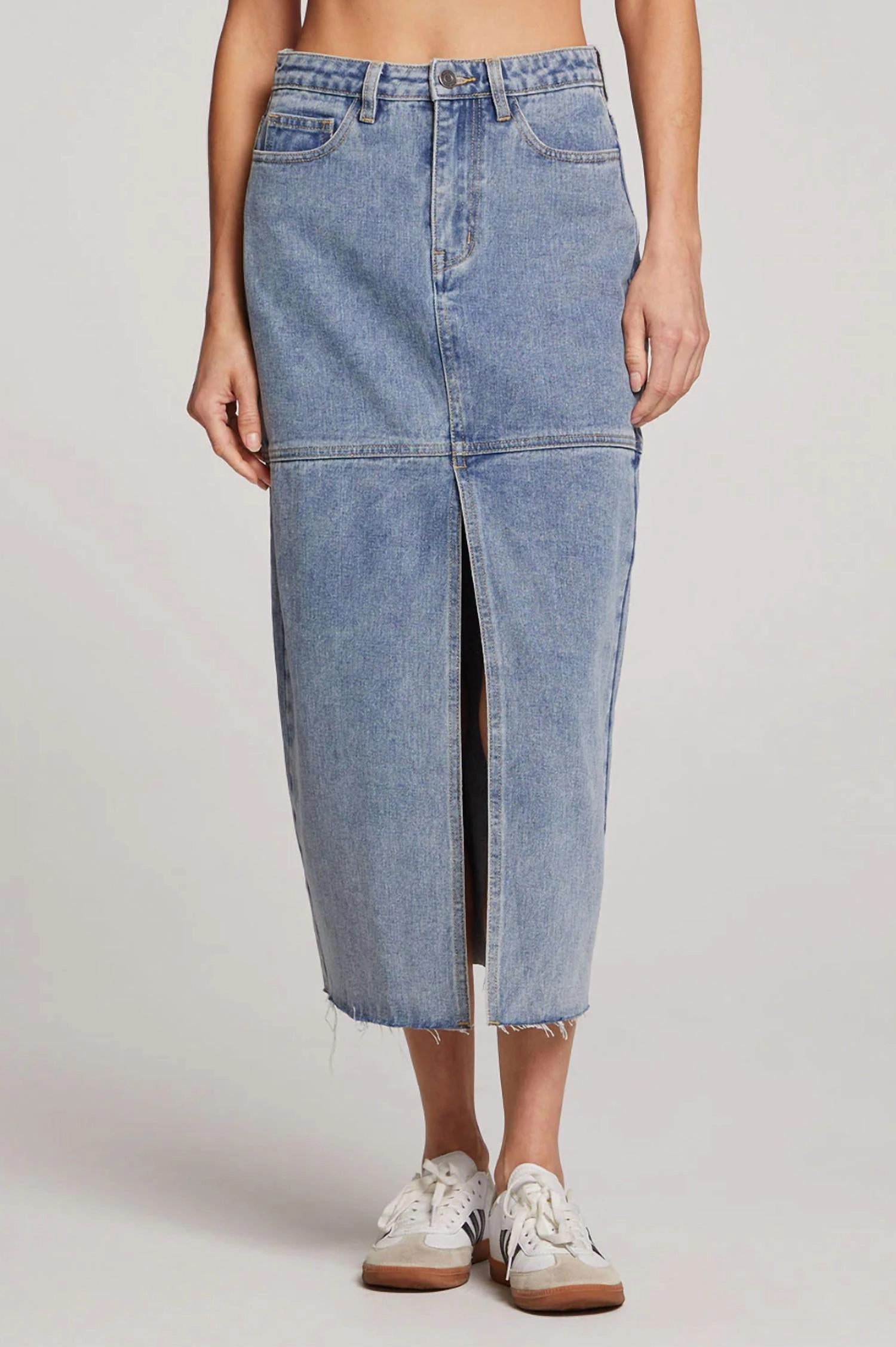 Parker Midi Skirt In Stonewash Denim