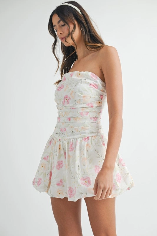 Pastel Petals Floral Ruched Bubble Hem Mini Dress