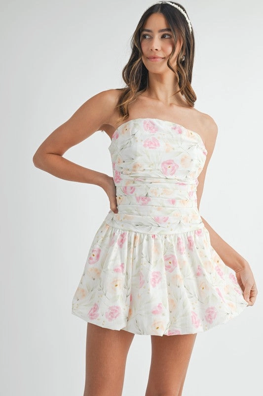 Pastel Petals Floral Ruched Bubble Hem Mini Dress