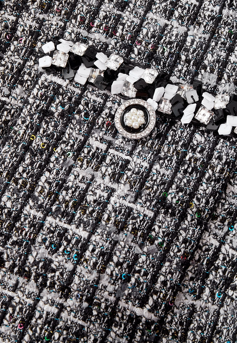 Patch-pocket Ribbed-knit Mixed Tweed Short Coat