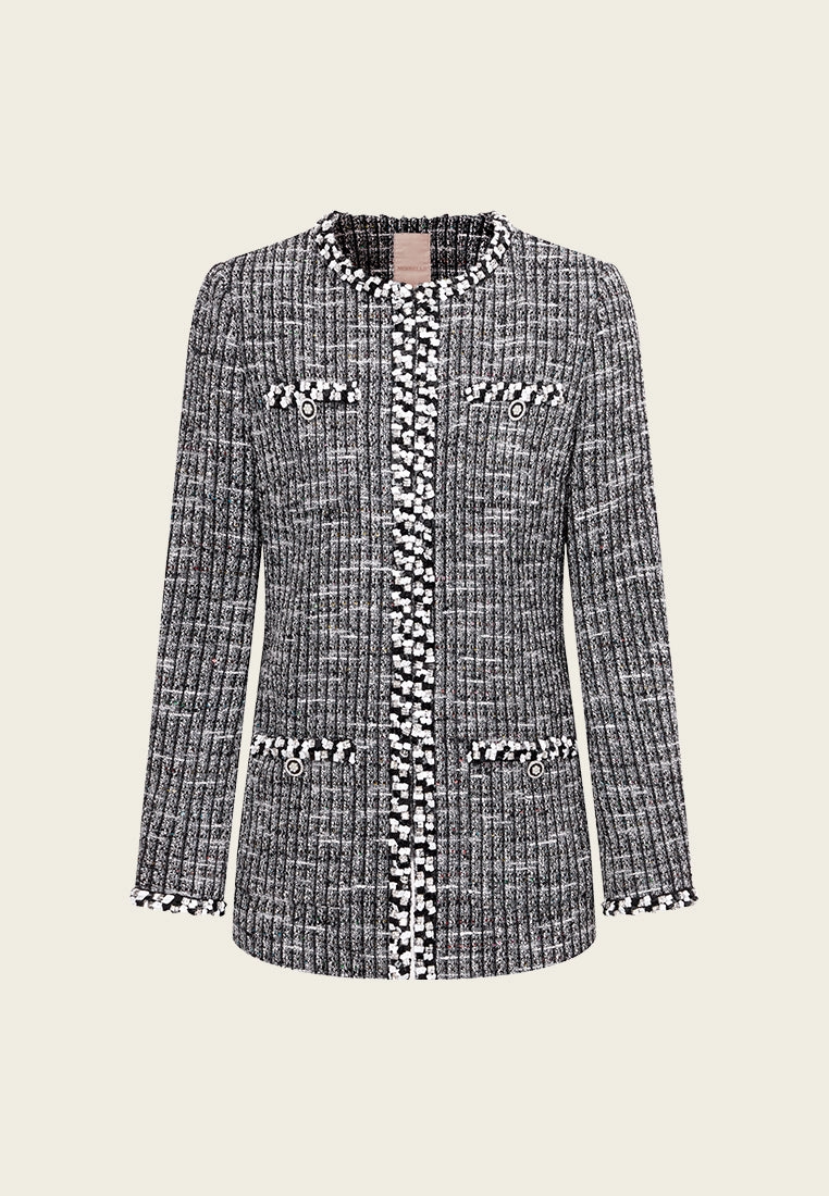 Patch-pocket Ribbed-knit Mixed Tweed Short Coat
