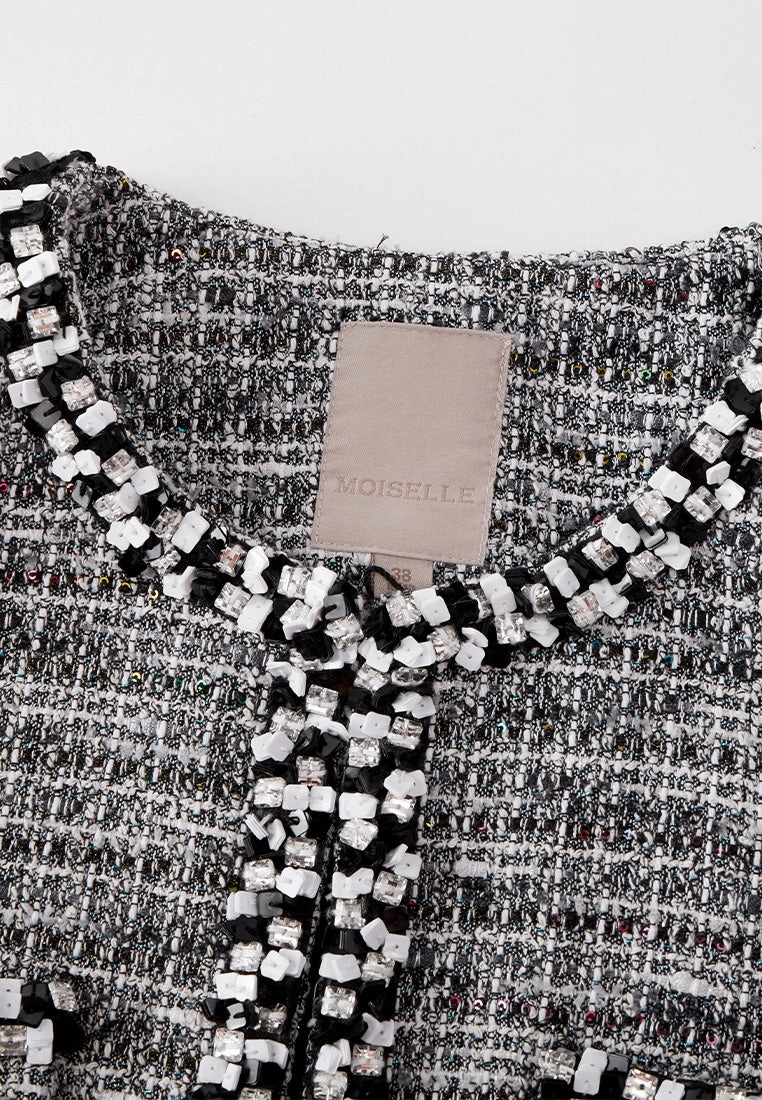 Patch-pocket Ribbed-knit Mixed Tweed Short Coat