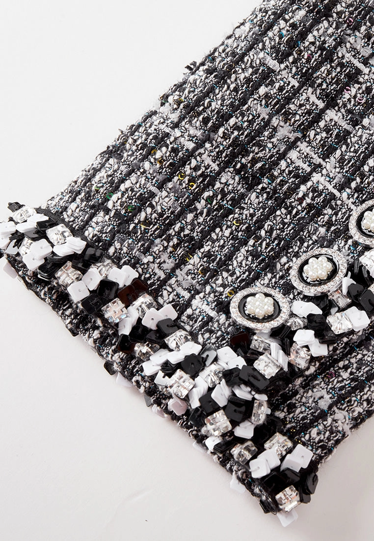 Patch-pocket Ribbed-knit Mixed Tweed Short Coat