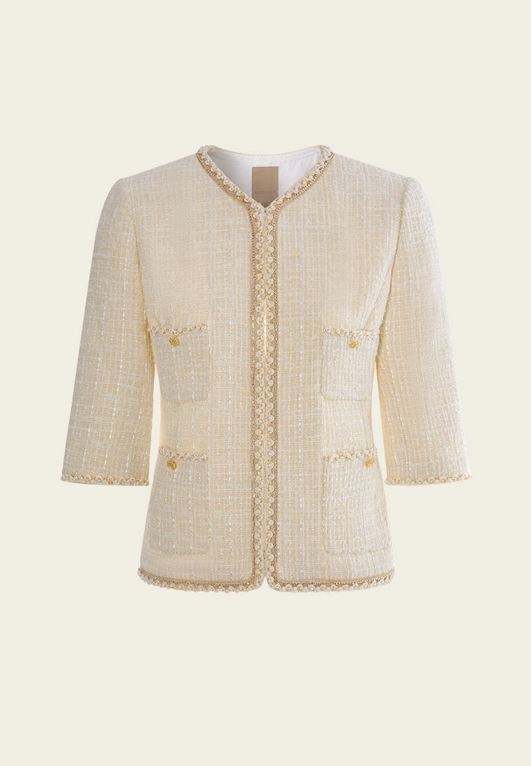 Patch-pocket Three-quarter Sleeve Embellished Checked Tweed Jacket