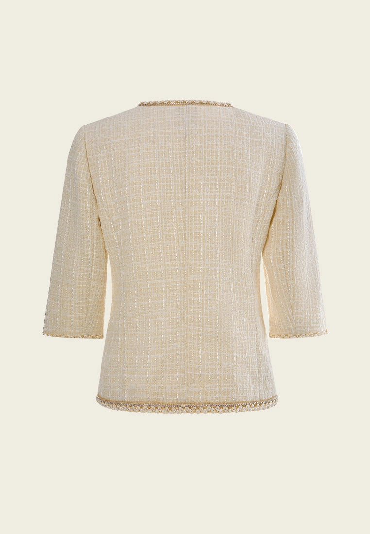 Patch-pocket Three-quarter Sleeve Embellished Checked Tweed Jacket