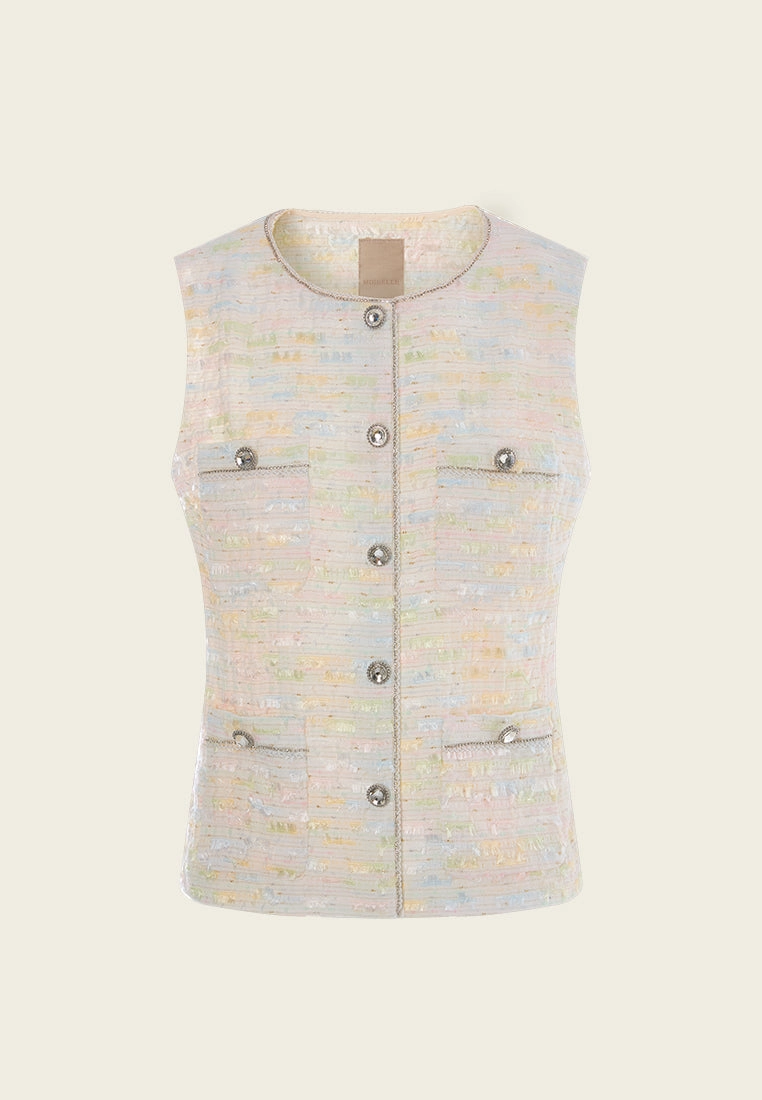 Patched-pocket Frayed-detail Crystal-trim Waistcoat