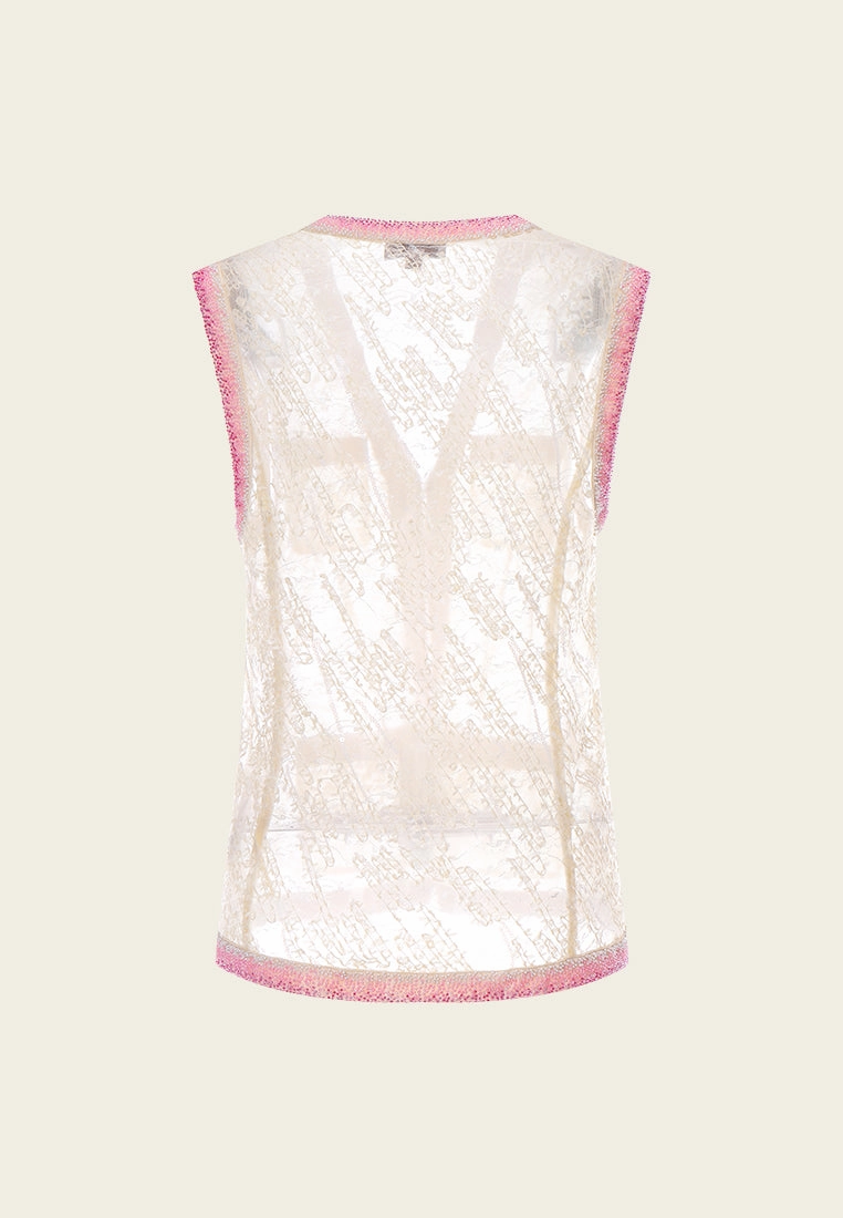 Pink Beaded Beige Lace Vest