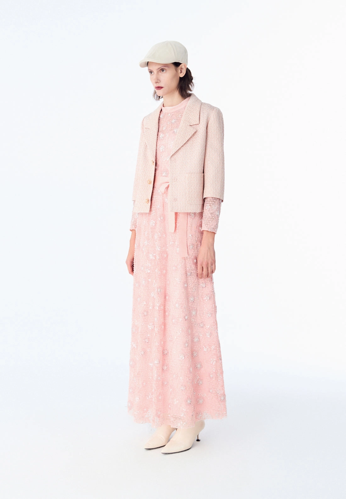 Pink Lapel Jacquard Cropped Jacket