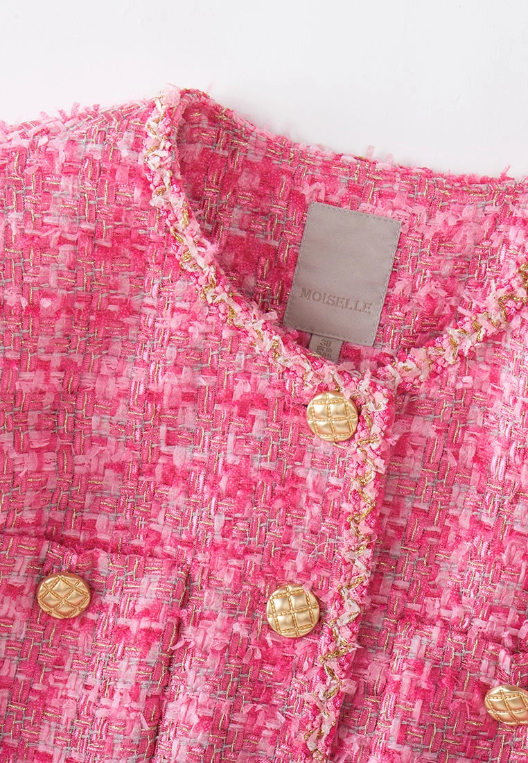 Pink Mixed Tweed Braided-trim Patch-pocket Jacket