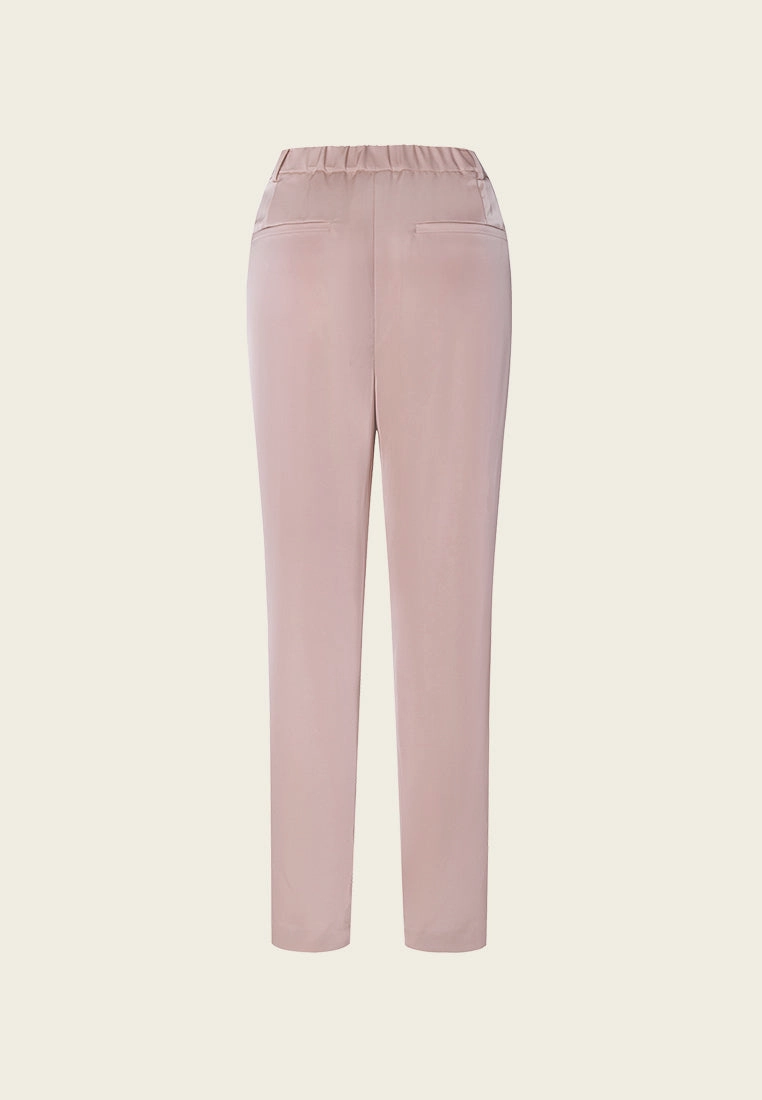 Pink Sheen Straight-leg Tailored Pants with Elastic Back