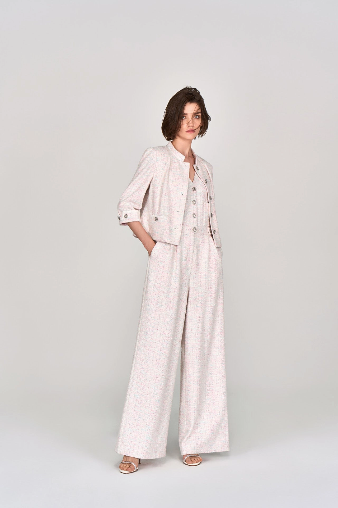 Pink Stand Collar Stretch Tweed Jacket