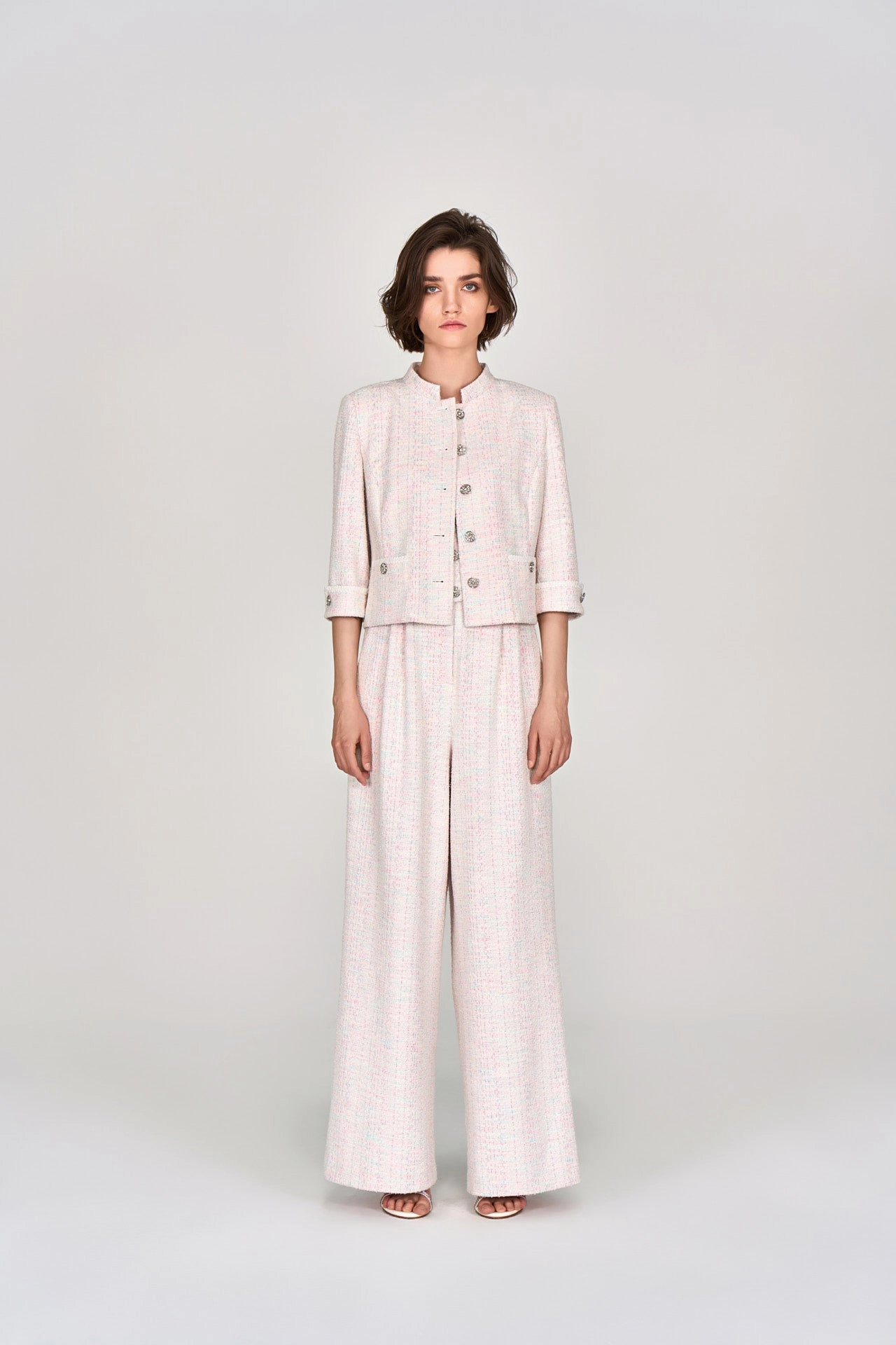 Pink Stand Collar Stretch Tweed Jacket