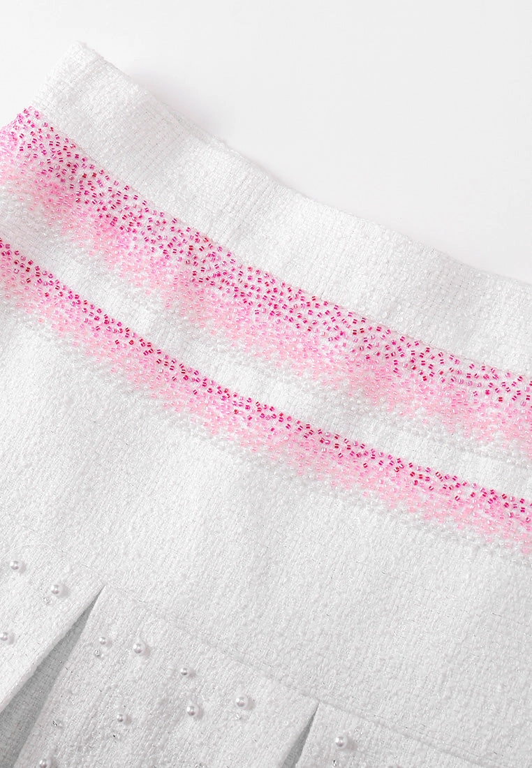 Pink Stripe White Tweed Pleated Skirt