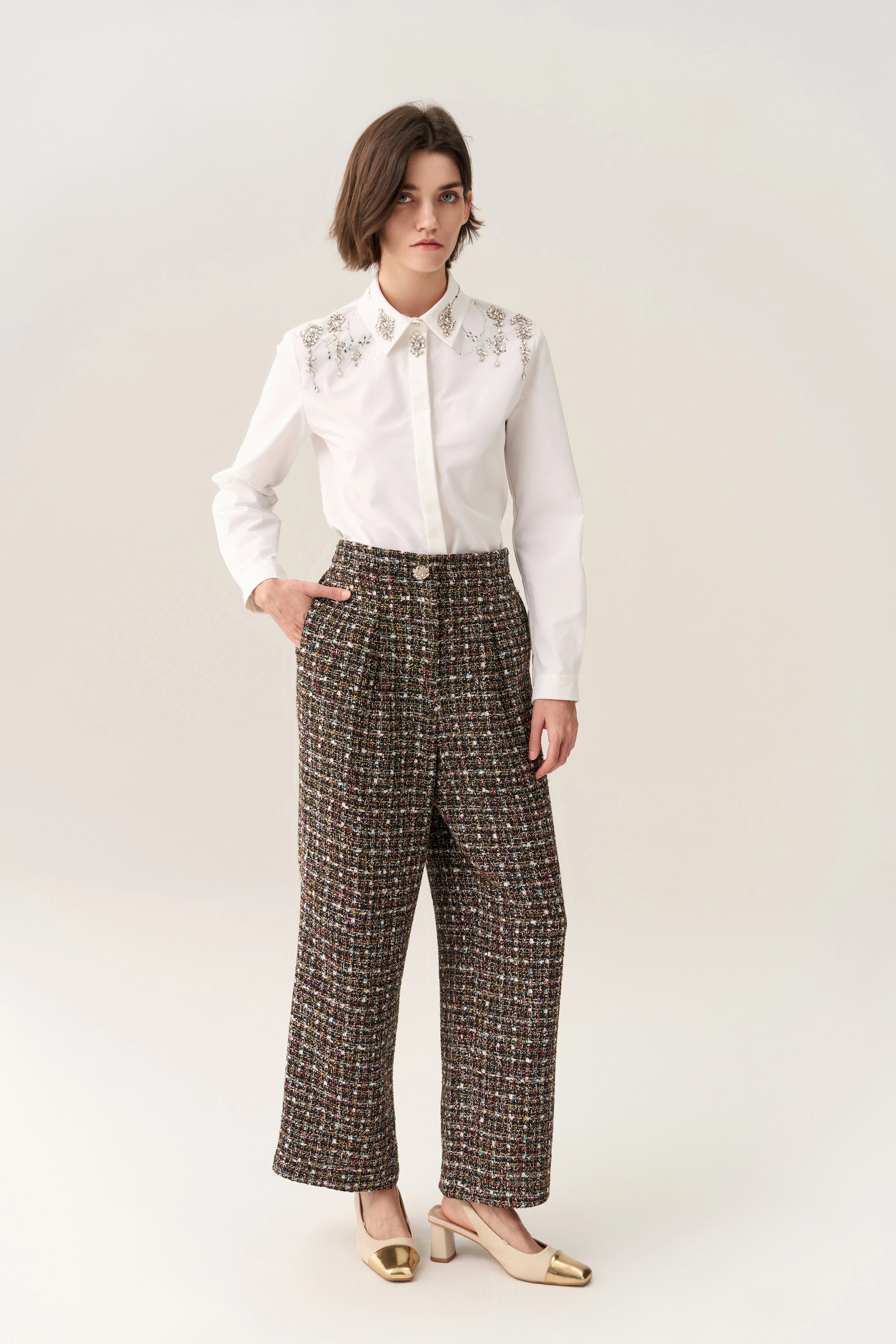 Pleat-detail Wide-leg Tweed Trousers