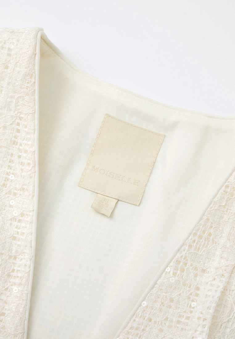 Pleated-detail Mesh-lace Sequin-detail Cropped Jacket