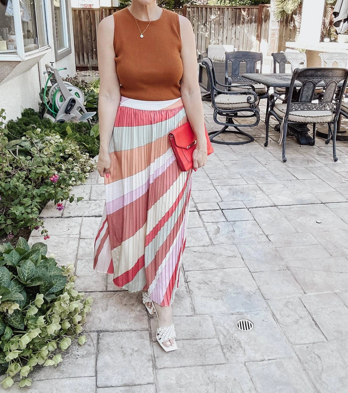 Pleated Midi Skirt In Multi Stripe