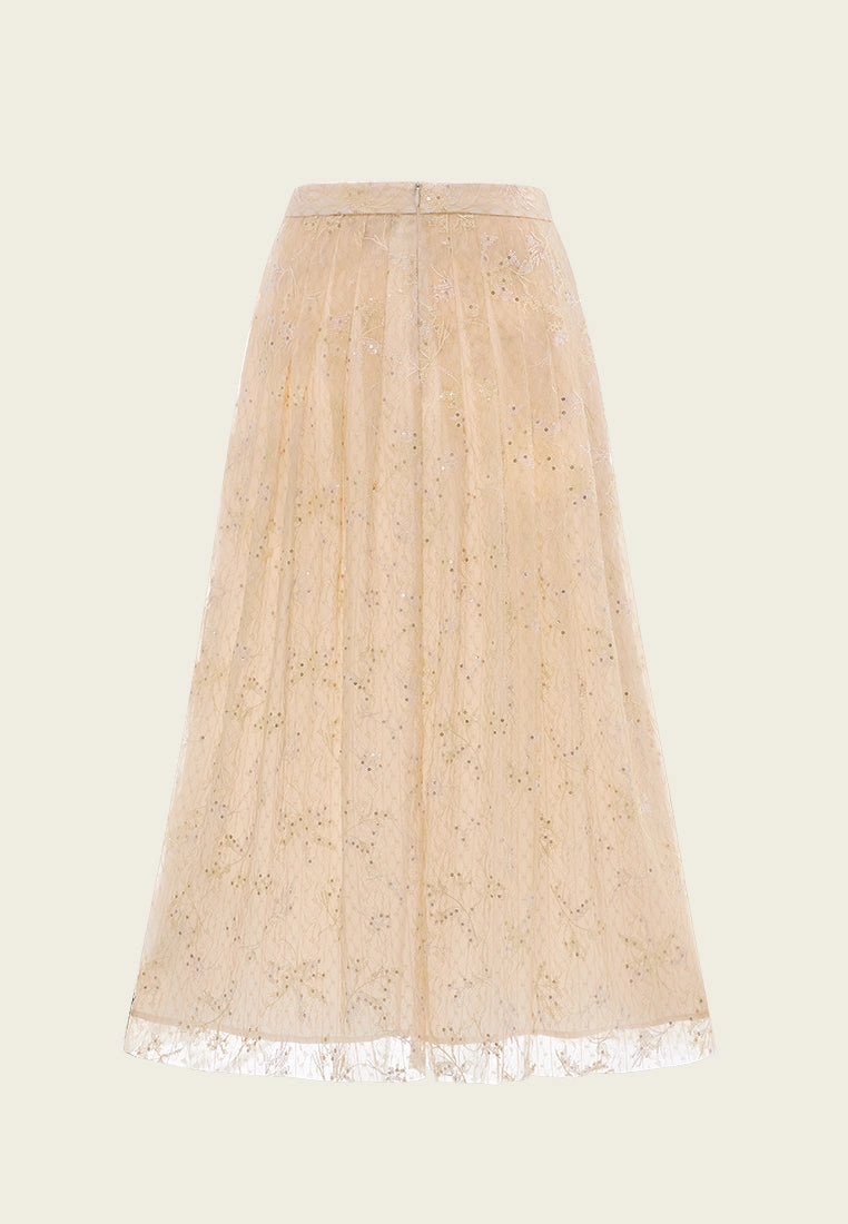 Pleated Sequin-detail Cross-stitch Detail Mesh Maxi Skirt