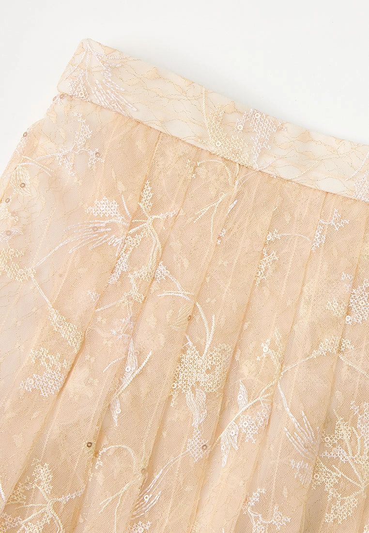 Pleated Sequin-detail Cross-stitch Detail Mesh Maxi Skirt