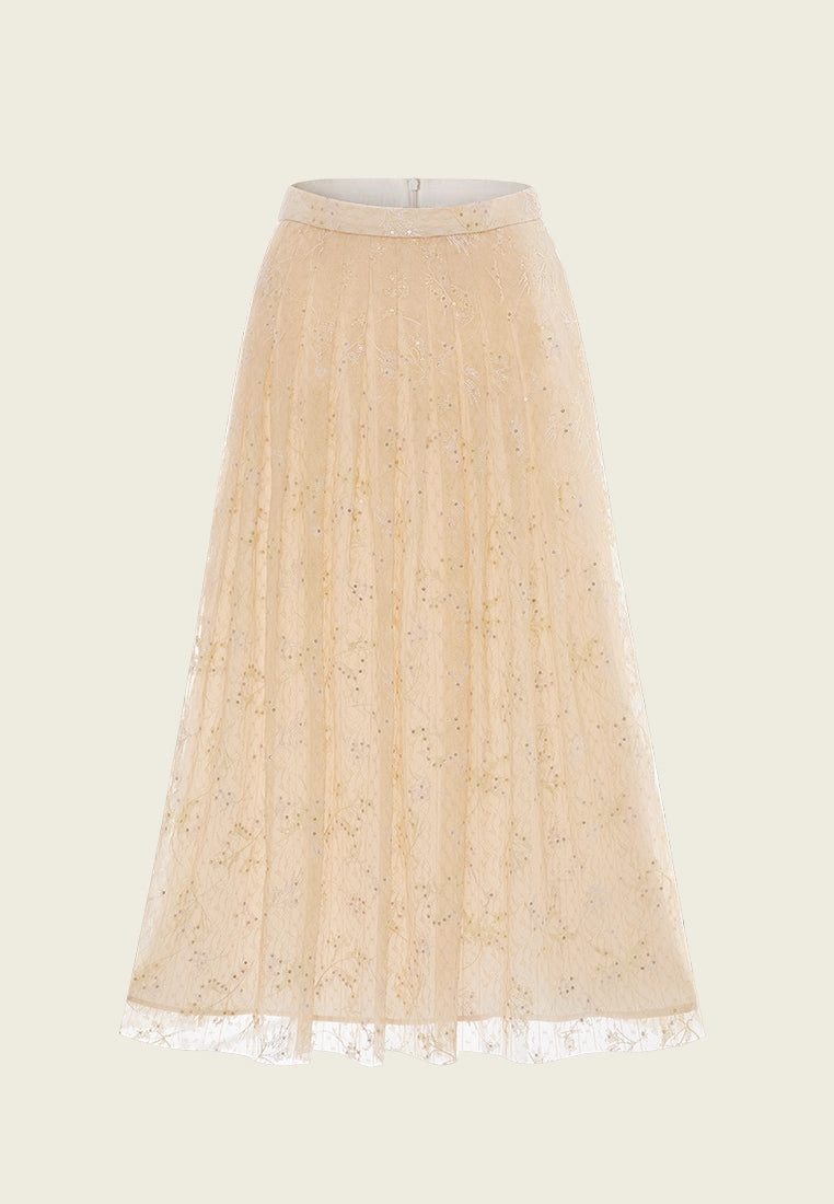 Pleated Sequin-detail Cross-stitch Detail Mesh Maxi Skirt