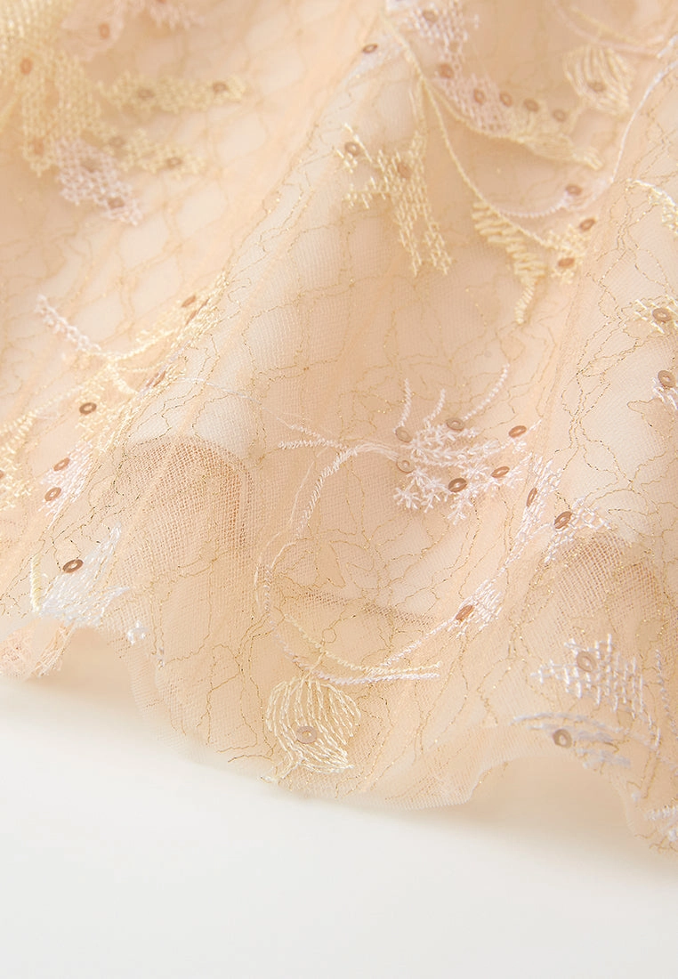 Pleated Sequin-detail Cross-stitch Detail Mesh Maxi Skirt