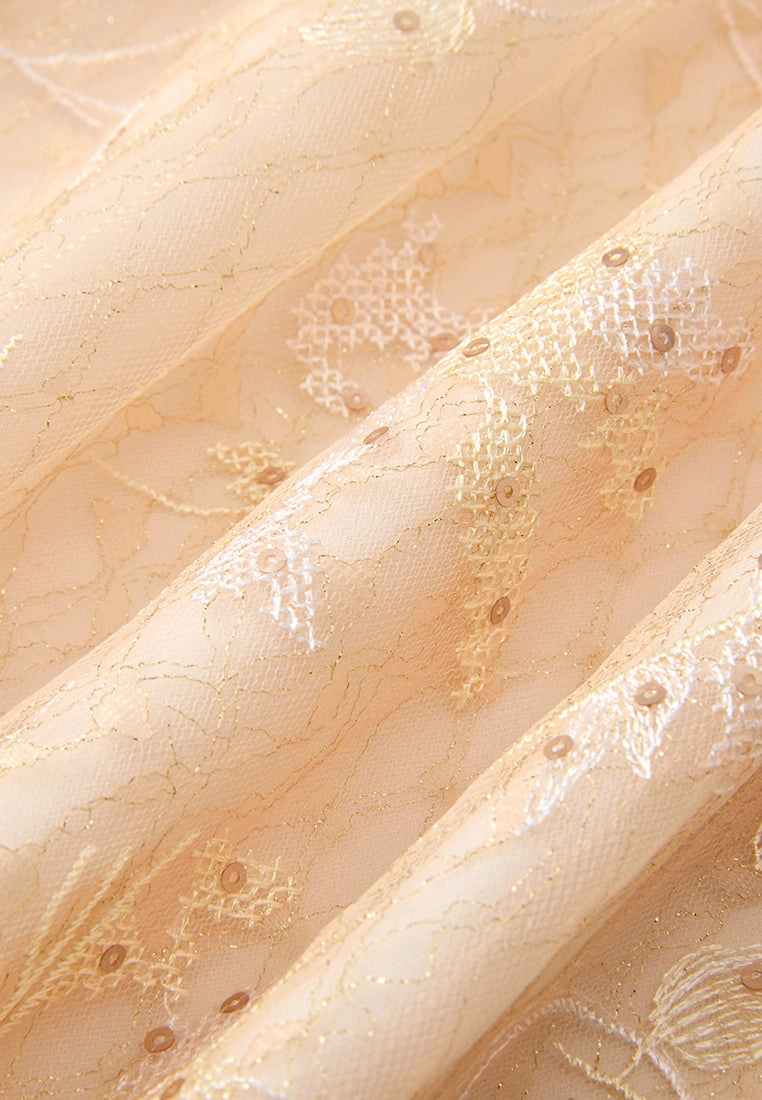 Pleated Sequin-detail Cross-stitch Detail Mesh Maxi Skirt