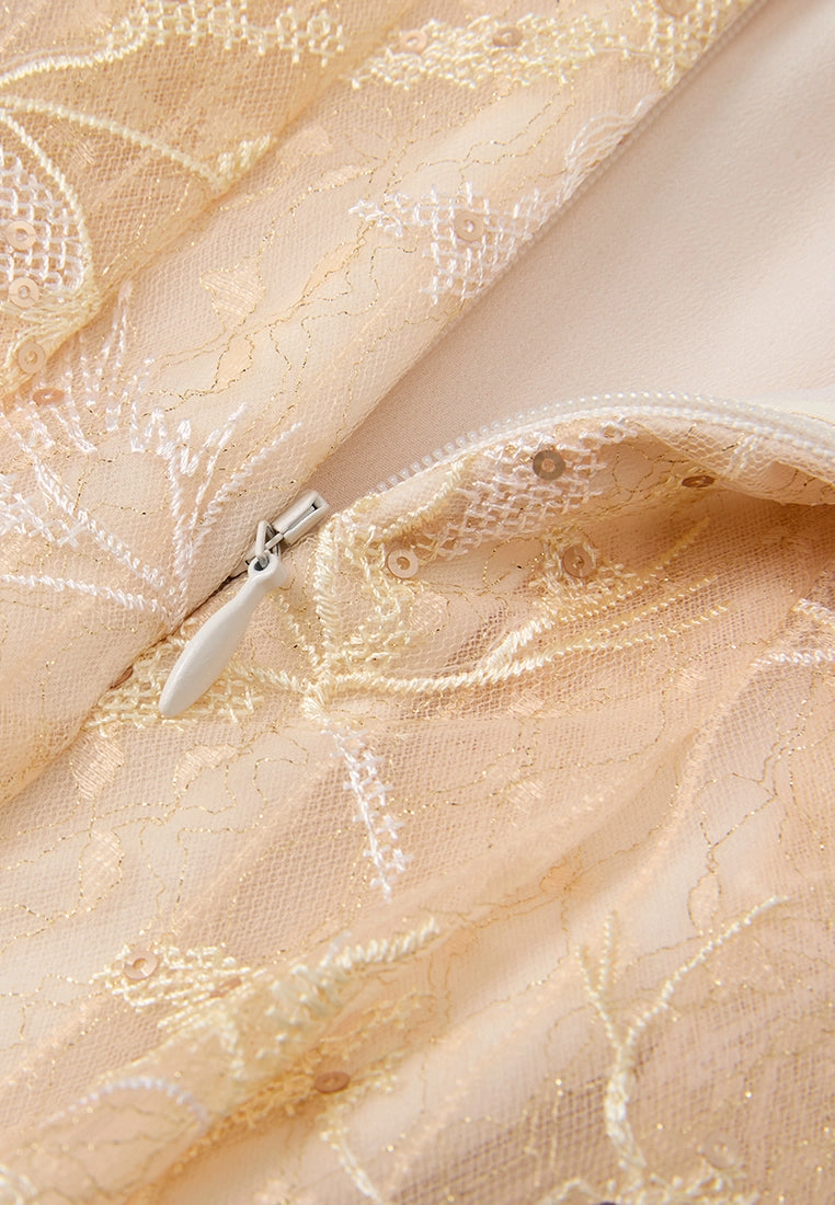 Pleated Sequin-detail Cross-stitch Detail Mesh Maxi Skirt