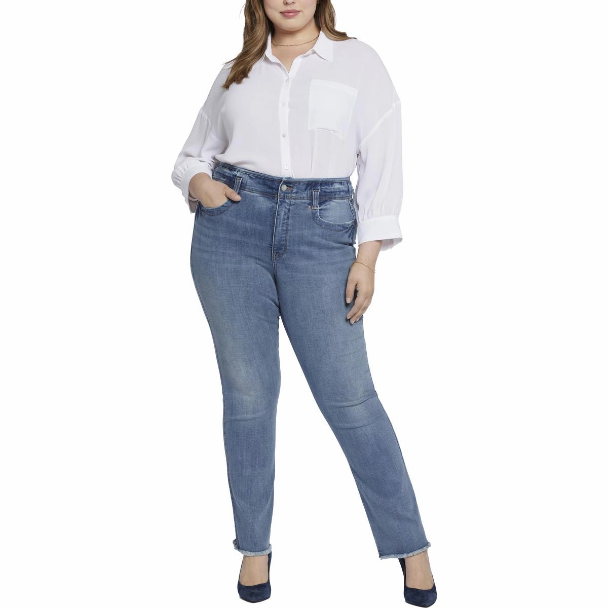 Plus Marilyn Womens Frayed Hem Denim Straight Leg Jeans