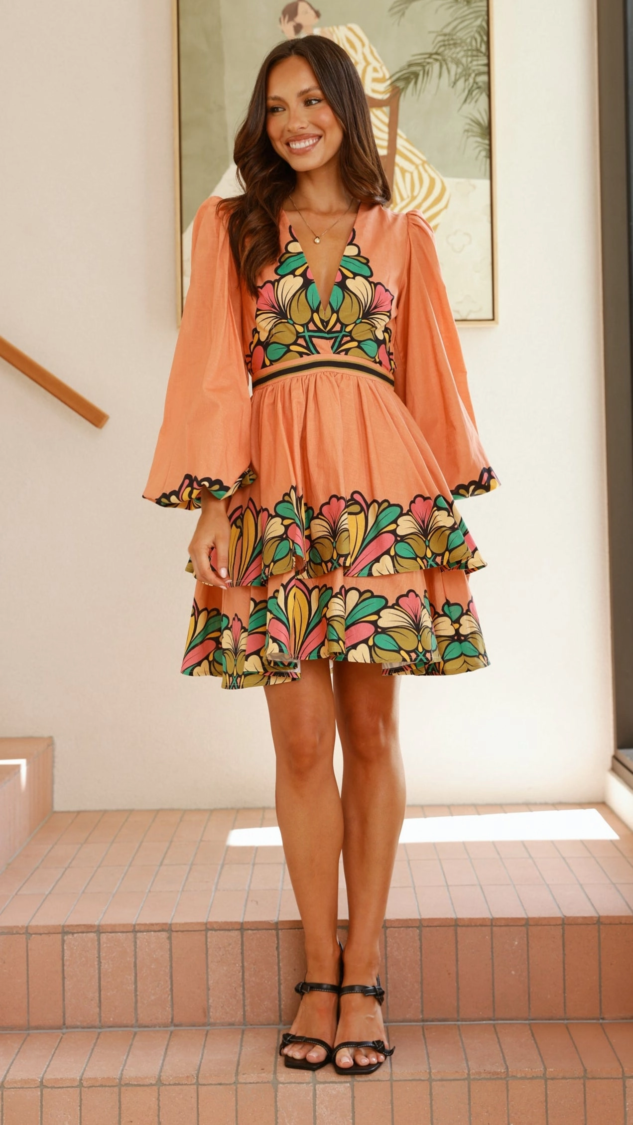 Portugal Long Sleeve Mini Dress - Melon
