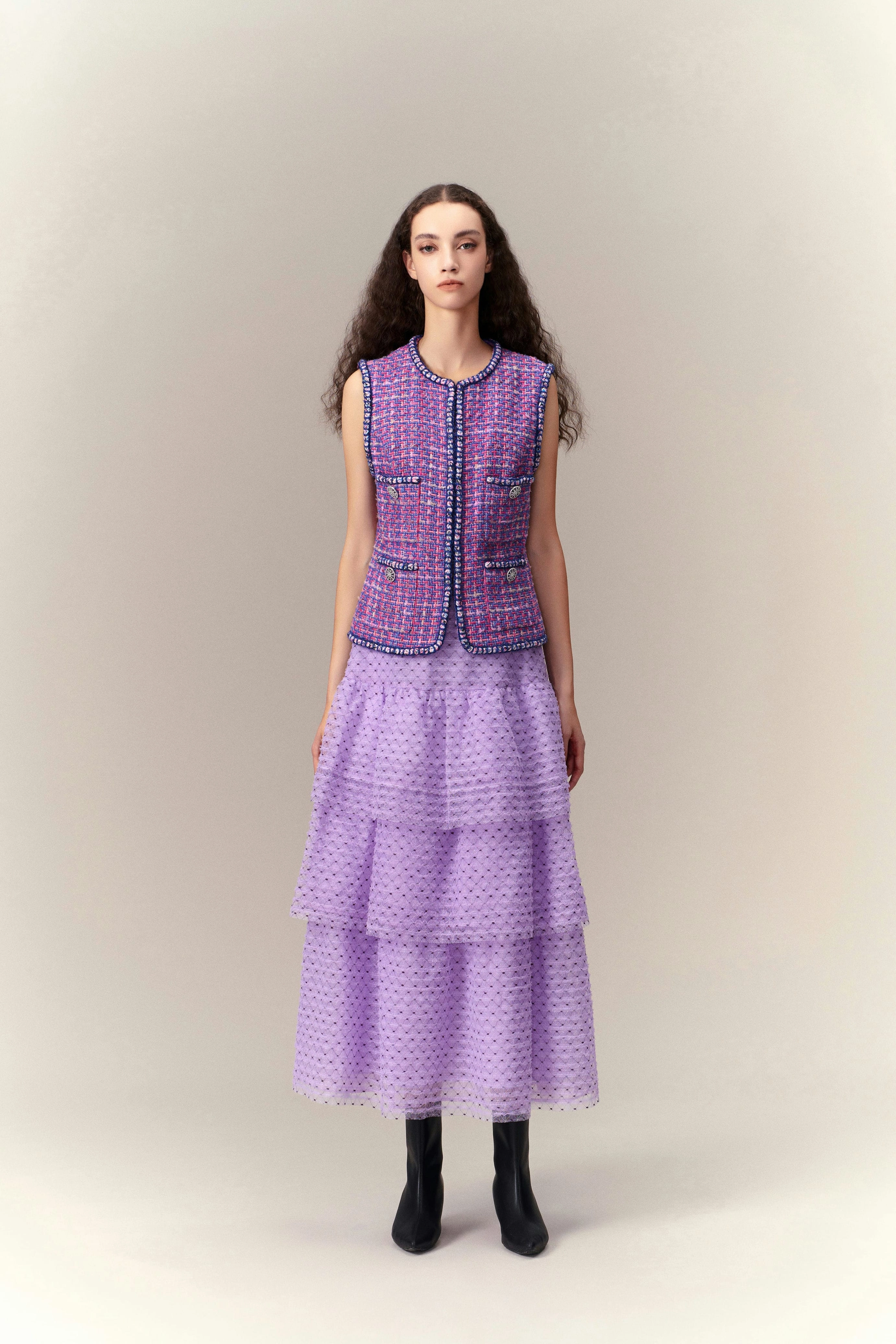 Primary Color Illusion Chunky Woven Tweed Vest