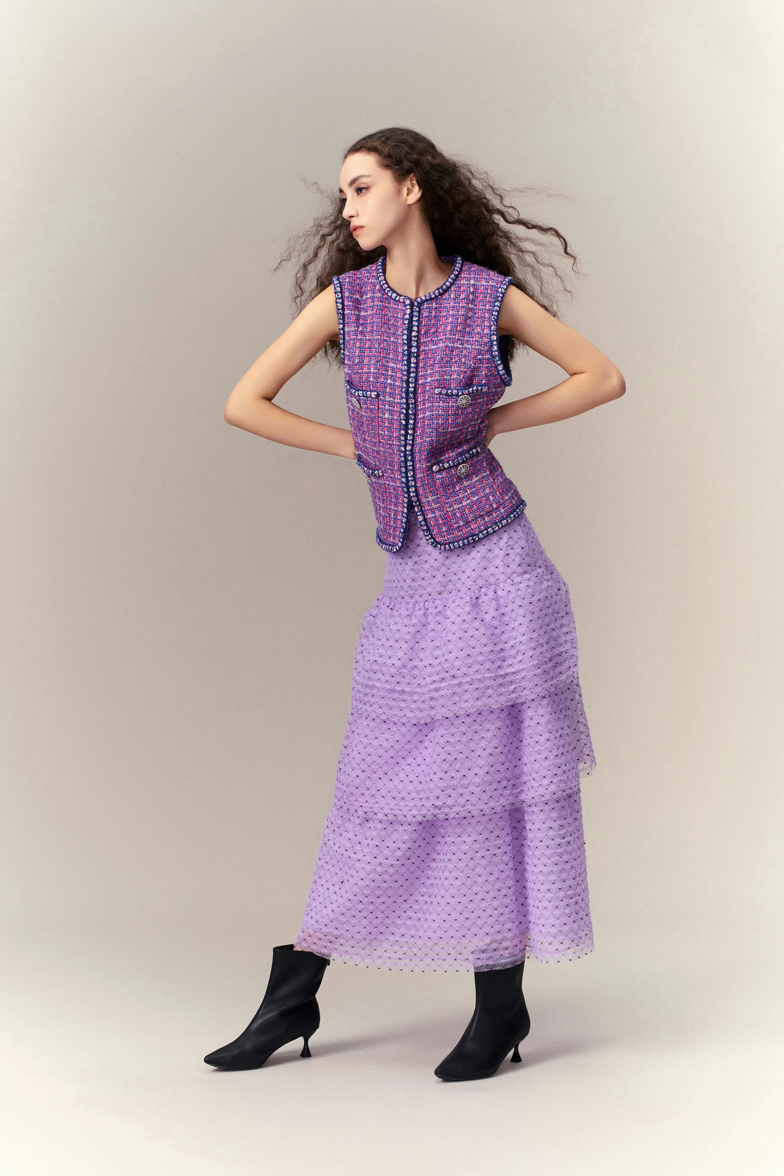 Primary Color Illusion Chunky Woven Tweed Vest