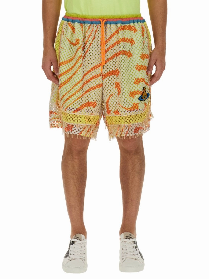 Print Mesh Shorts With Fringed Hem
