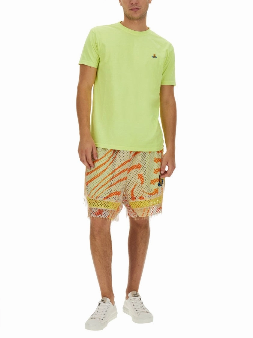Print Mesh Shorts With Fringed Hem