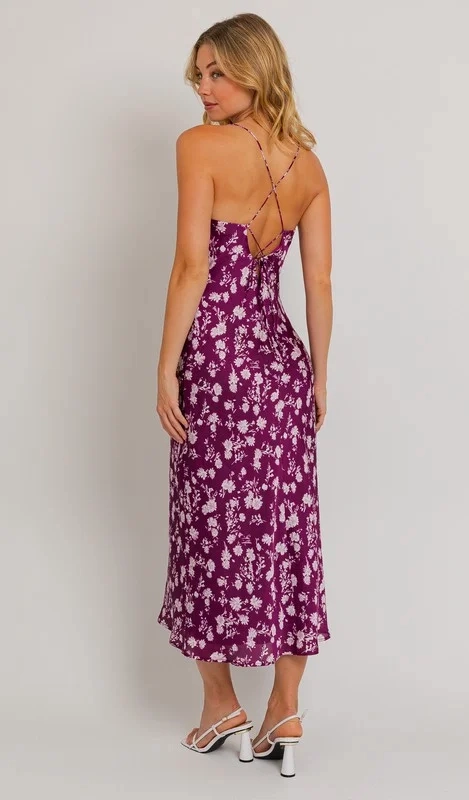 Purple Floral Satin Midi Dress