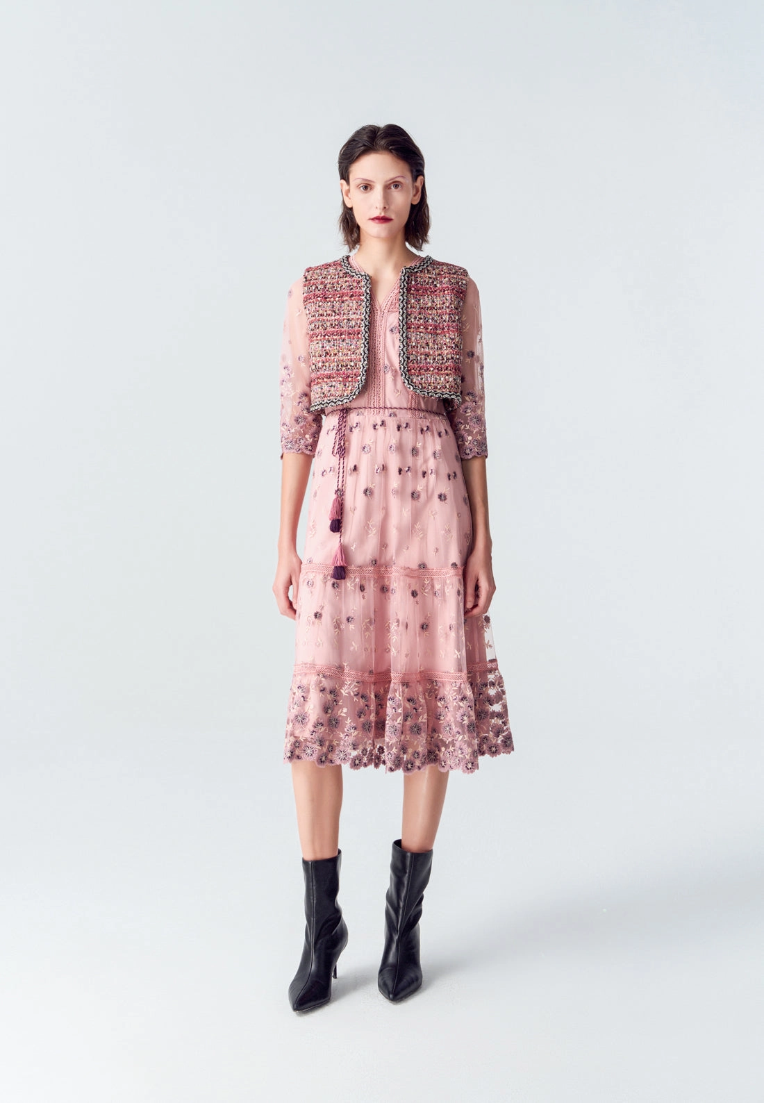 Red Cropped Sequins Detailing Tweed Vest