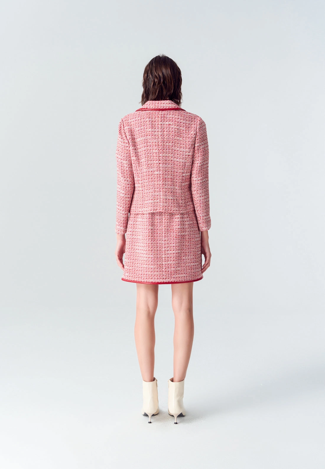Red Leather-trimmed Collar Tweed Jacket