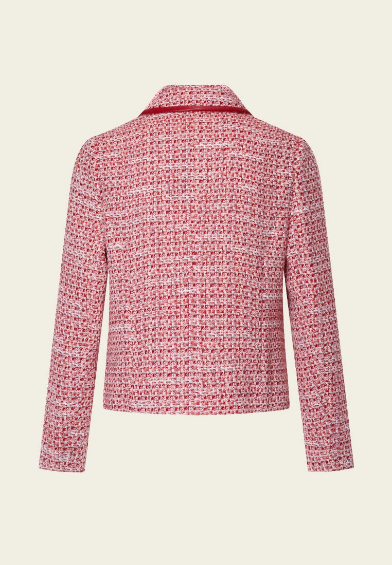 Red Leather-trimmed Collar Tweed Jacket