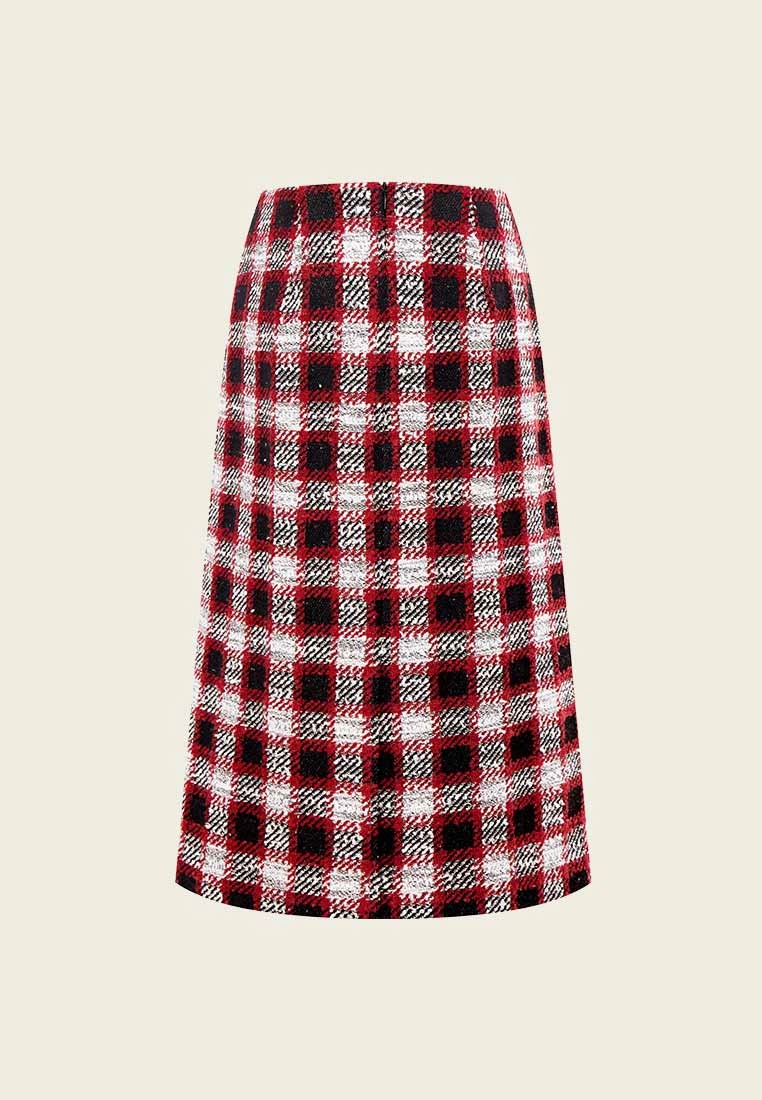 Red Plaid Tweed Midi Skirt