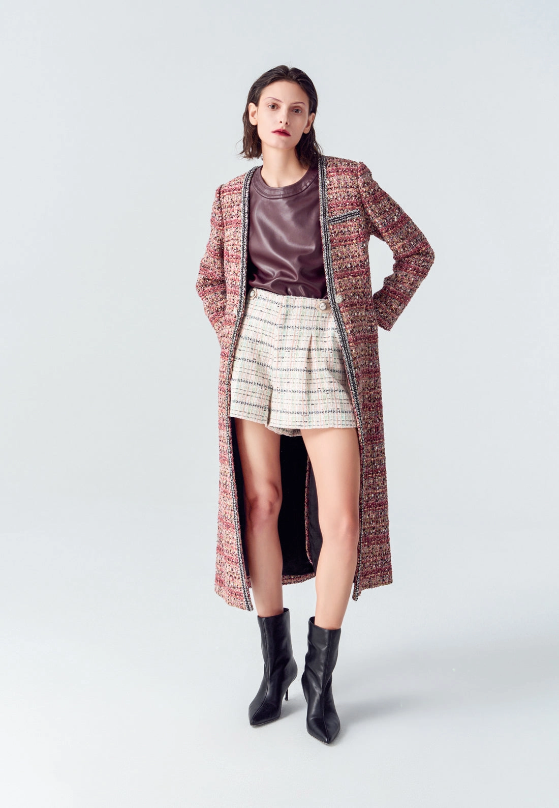 Red V-neck Sequins Detailing Tweed Maxi Coat