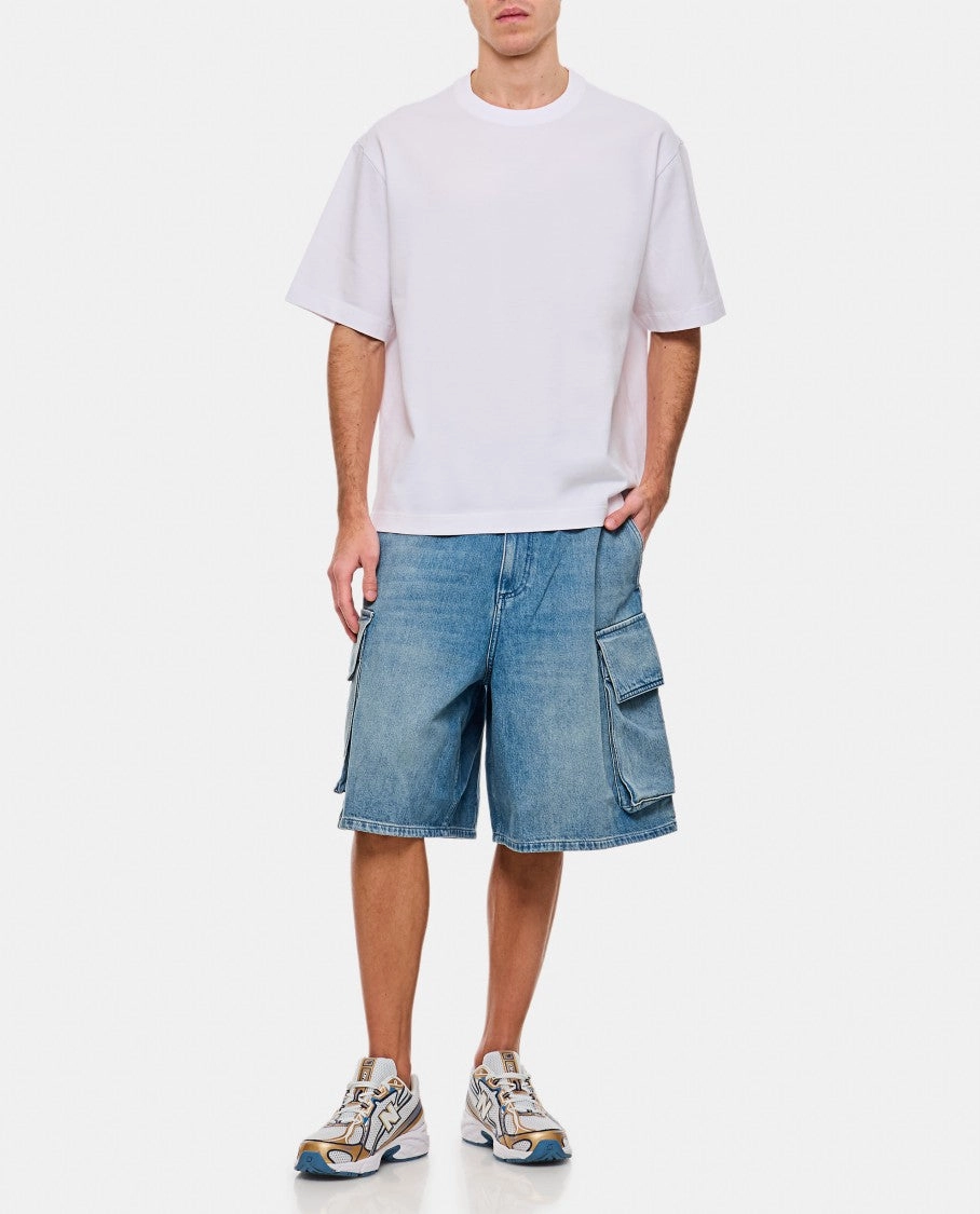 Relaxed Denim Blue Cargo Shorts With Embroidered Logo
