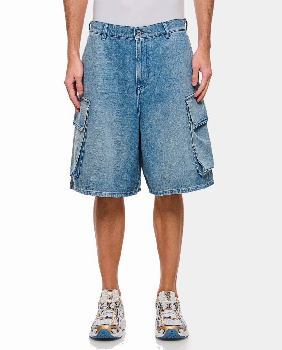 Relaxed Denim Blue Cargo Shorts With Embroidered Logo
