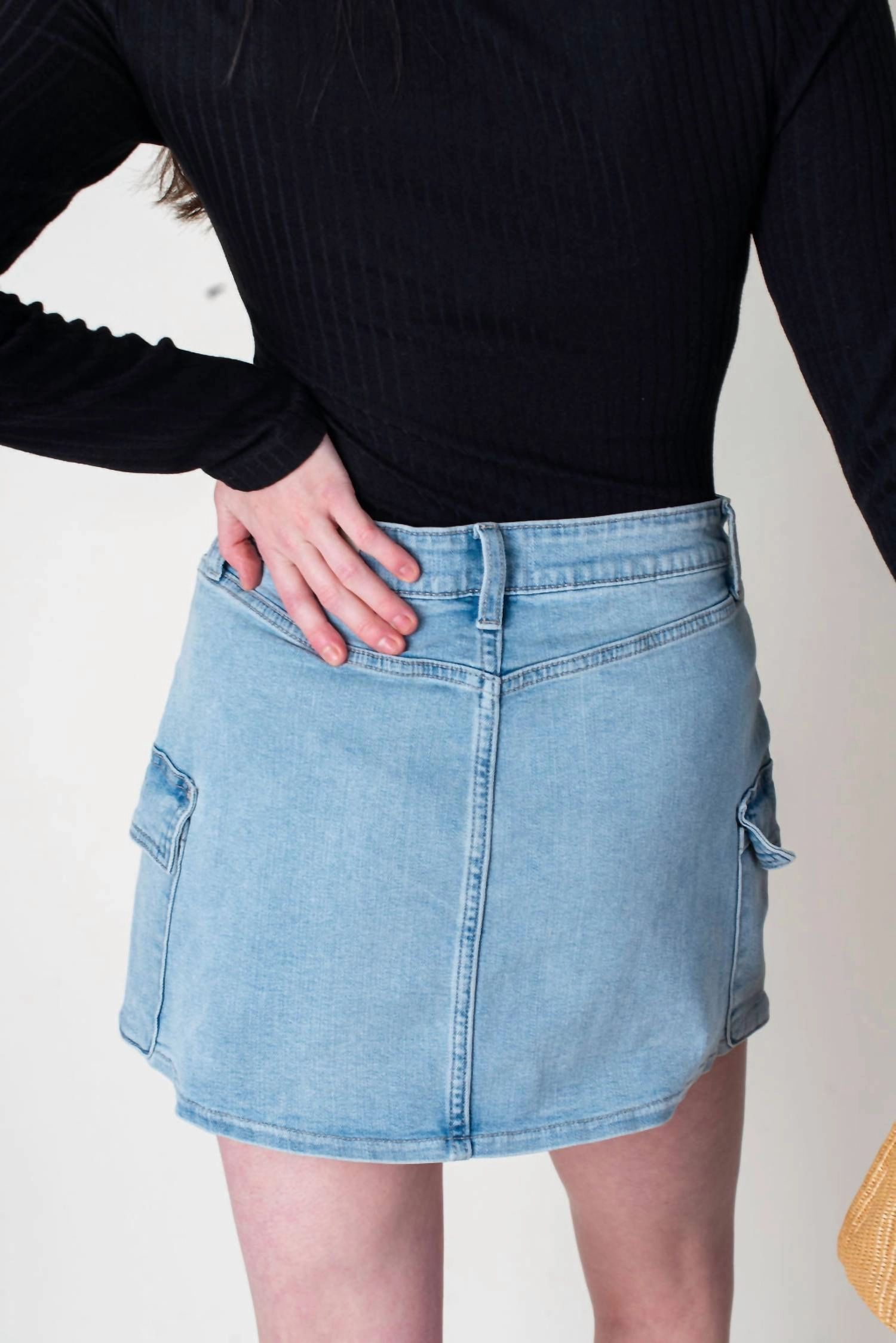 Remi Cargo Denim Mini Skirt In Light Wash Denim