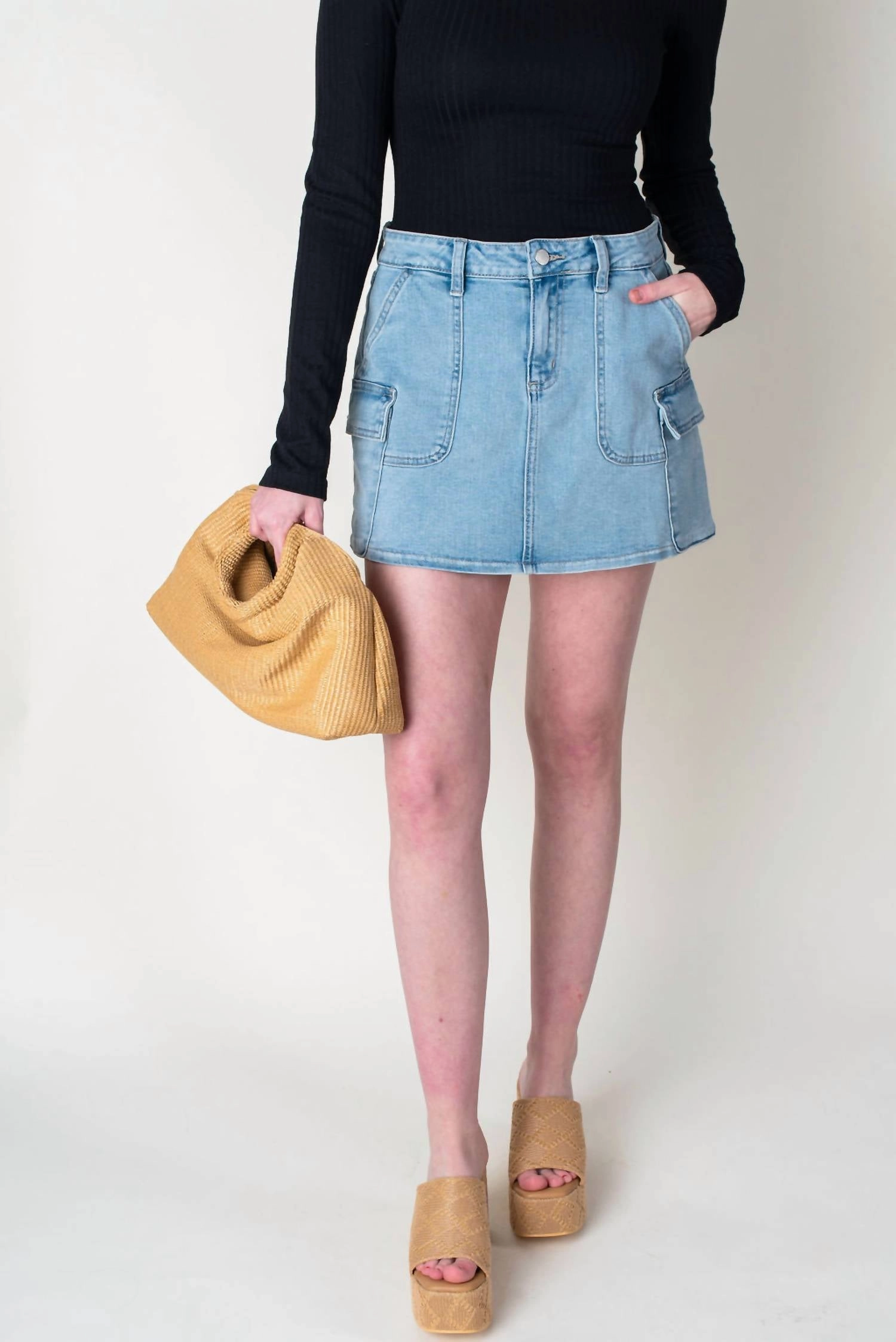 Remi Cargo Denim Mini Skirt In Light Wash Denim