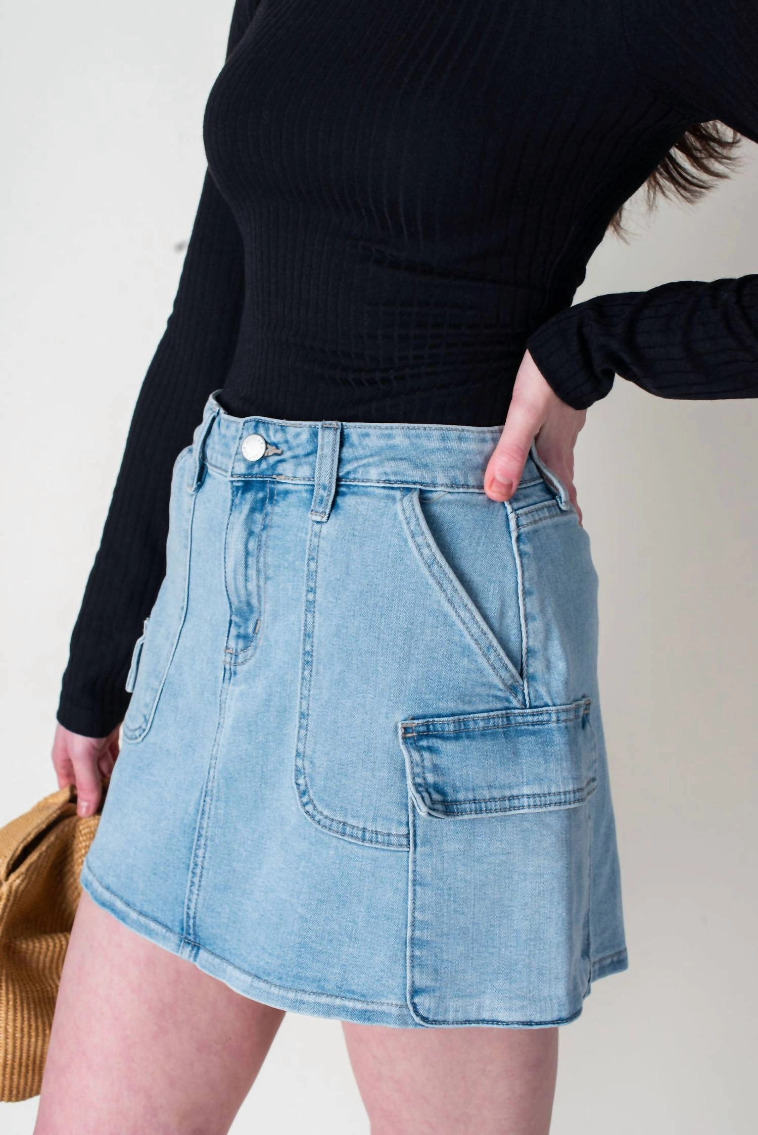 Remi Cargo Denim Mini Skirt In Light Wash Denim
