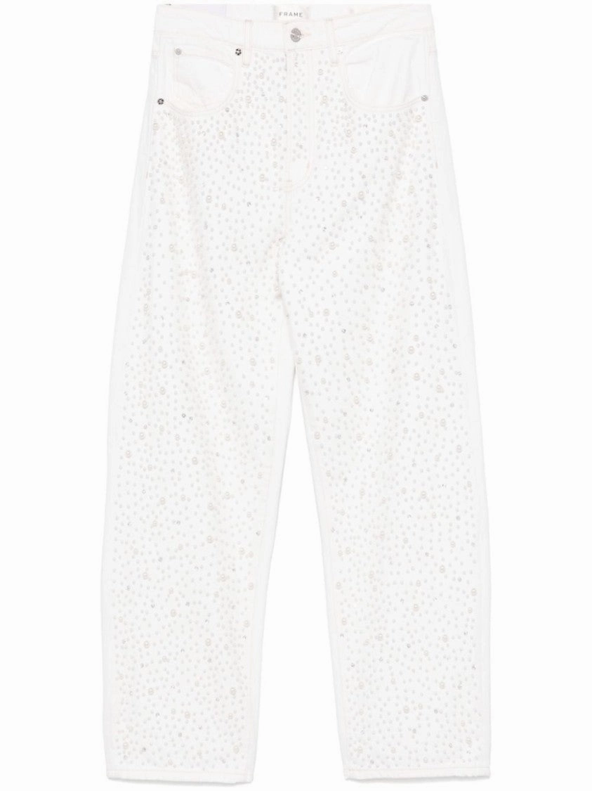 Rhinestone-Embellished White Cotton Straight Jeans