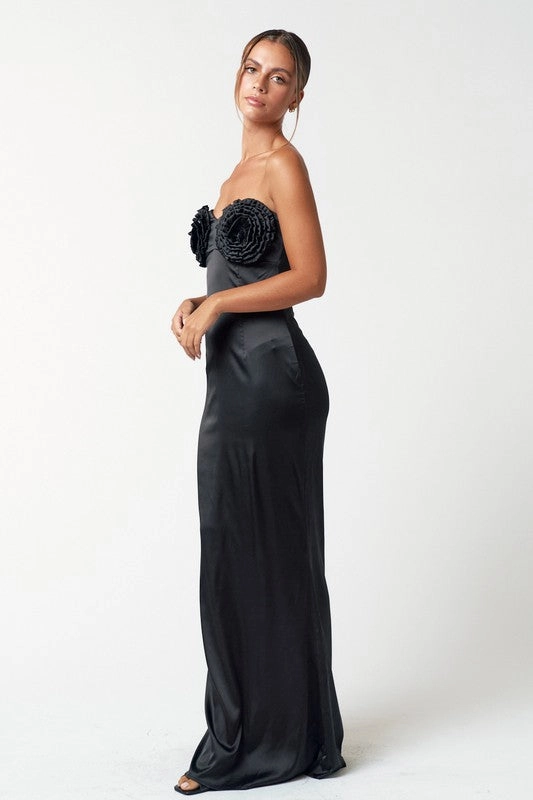 Rosette Satin Tube Maxi Dress