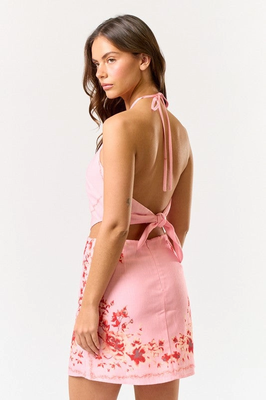 Rosy Bloom Linen Scarf Mini Dress