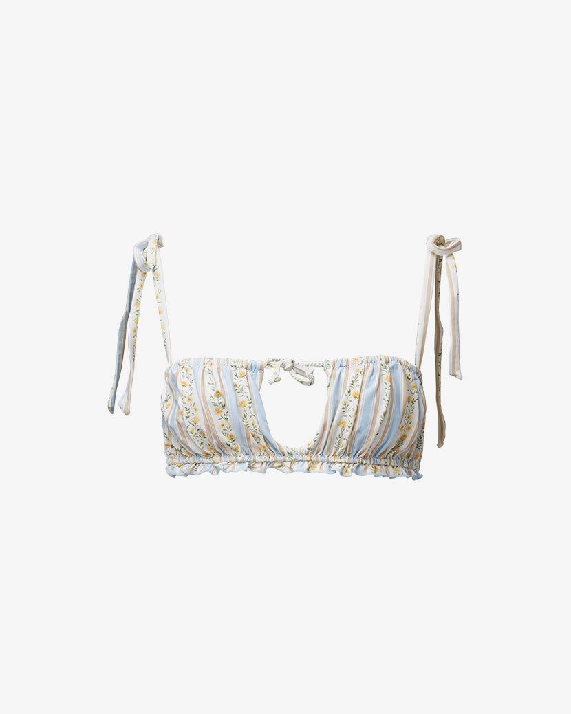 Ruched Ruffled Floral Stripes Bikini Top