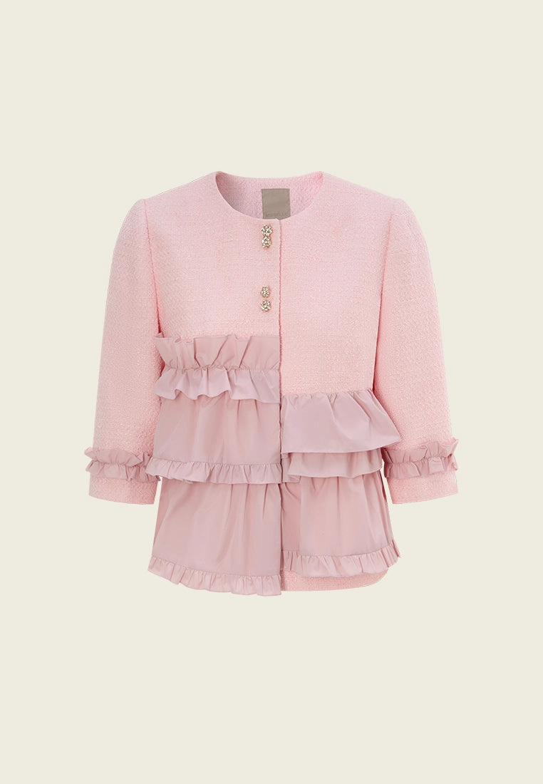 Ruffle-detail Crystal-button Tweed Jacket Pink